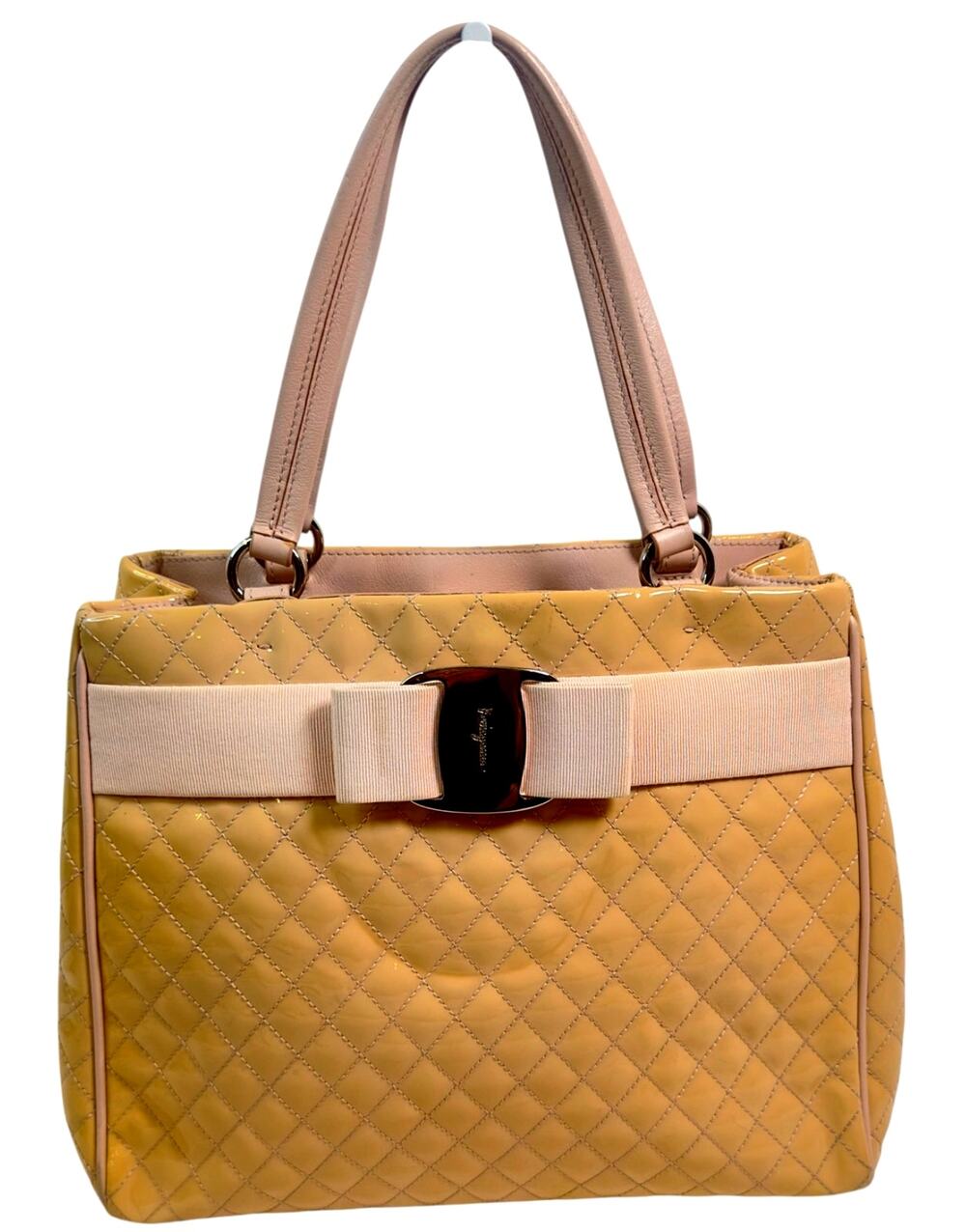 Salvatore Ferragamo Vara Bow Patent Leather Quilted Tote Bag Italy Dust Bag